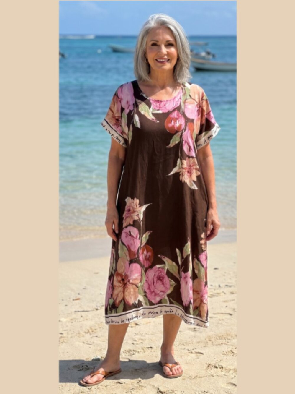 Made in Italy Viscose Blooming Elegance Dress - Chocolate - One Size Plus M - 2X